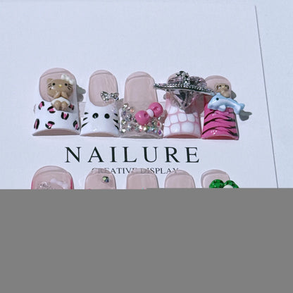 10pcs 3D Hello Kitty Charm Decor Fake Nails Mid-length Duck s