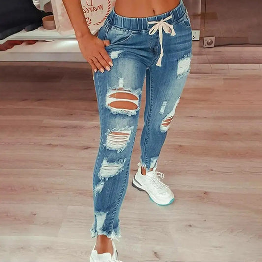 Stretchy Ripped Hole Jeans Women  Straight Denim Trousers High Waist