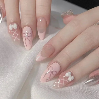 24Pcs Pink Almond French Press on Nails With 3D Bow ripple charms Design Fake Nails Ballerina False Nails Full Cover Nail Tips