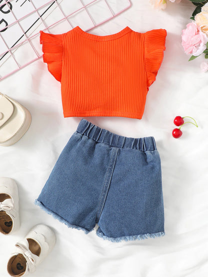 Baby Girls Summer Solid Color Flying Sleeve Lace Sleeve Design V-Neck Top With Ripped Pockets Elasticated Waist Baggy Jeans