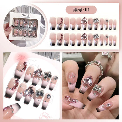 24pcs Luxury Mid-Long Ballet False Nails Set Glittering Rhinestone+Handmade Flowers Press-on Fake Nail Glossy Patch For Bridal
