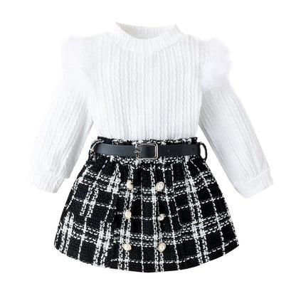 Toddler Girls Long Sleeve Solid Ribbed Tops Plaid Prints Skirts Two Outfits Children Clothes Girl