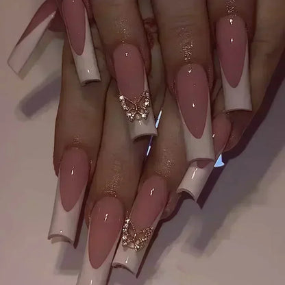 24Pcs Full Cover False Nails with Glue Long Square Coffin Fake Nails French Detachable Ballet Love Pattern Design Press on Nails
