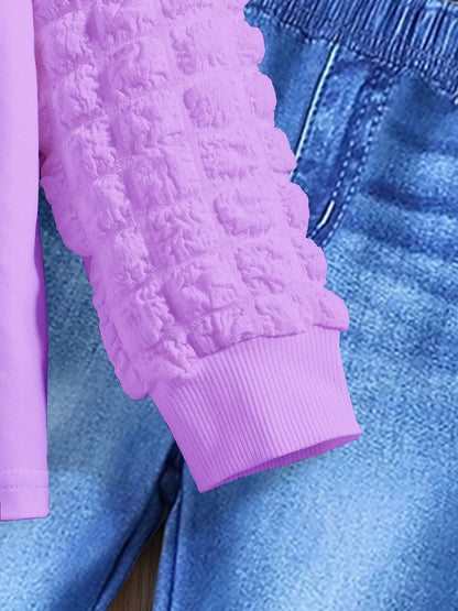 2-piece Spring/Fall Girls Fashion Casual Suit Purple round neck cartoon girl print puffy sleeve top + blue stretch slim pants