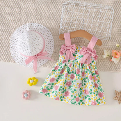 2Pcs/Set Baby Girl's Summer Camisole Dress 0-3 Years Old New Girls' Thin Style Western-Style Beach Dress With Grass Hat Included