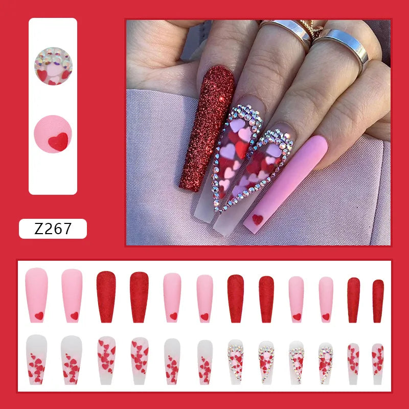 24pcs Artifical Fake Nails Long Coffin French Ballerina Wearable False Nail Tips Finished Rhinstones Flower Design Press on Nail