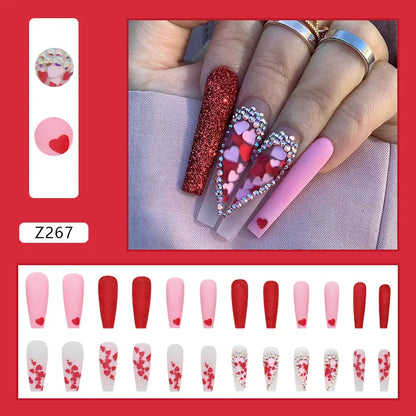 24pcs Artifical Fake Nails Long Coffin French Ballerina Wearable False Nail Tips Finished Rhinstones Flower Design Press on Nail