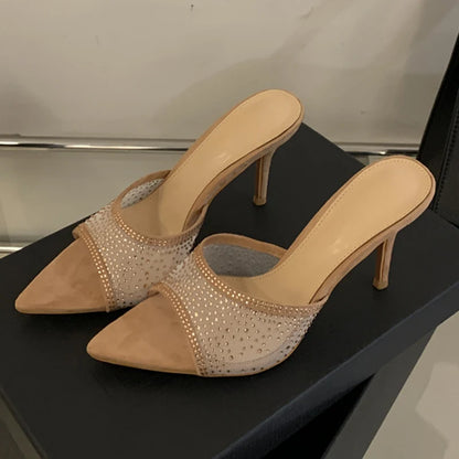 Aneikeh Pointed Toe Mesh Rhinestone Slippers Elegant Woman Heels Outdoor Summer Mules Stiletto Heels Sandal Chanclas Mujer
