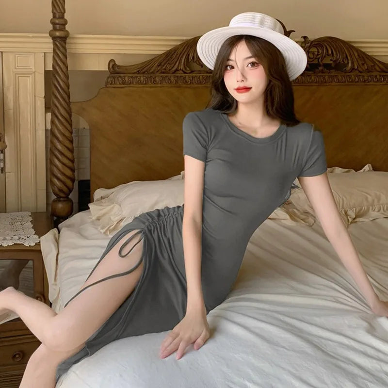 Women Dress Sweet Temperament Drawstring Irregular Split dress