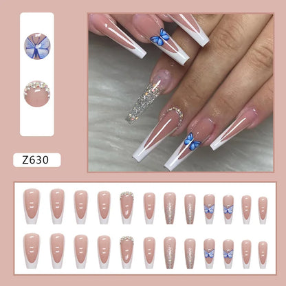 24pcs Artifical Fake Nails Long Coffin French Ballerina Wearable False Nail Tips Finished Rhinstones Flower Design Press on Nail