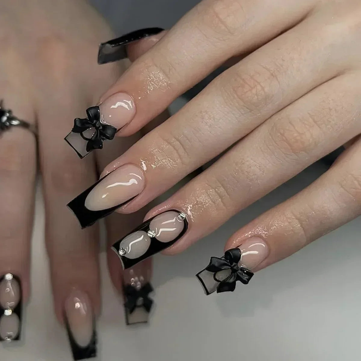24Pcs Full Cover False Nails with Glue Long Square Coffin Fake Nails French Detachable Ballet Love Pattern Design Press on Nails