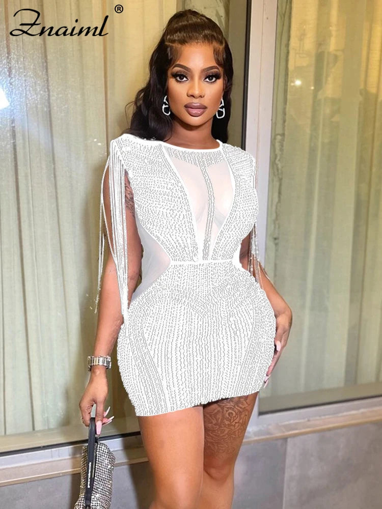 Mesh Sheer Patchwork Sparkly mini dress Crystal Diamonds Rhinestone