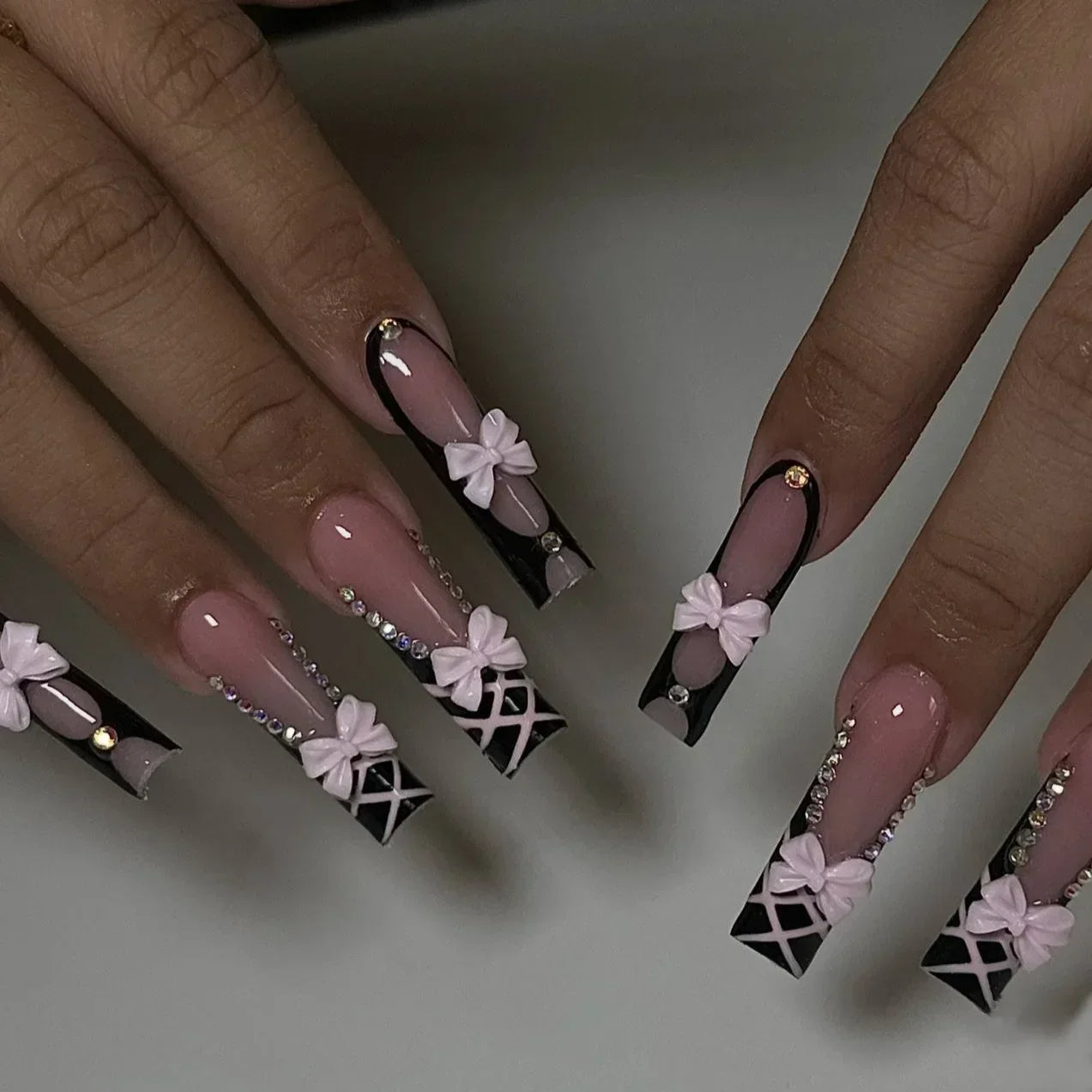 24Pcs White Butterfly False Nails Long Ballet Coffin Pearls with French Design Wearable Fake Nails Full Cover Press on Nail Tips