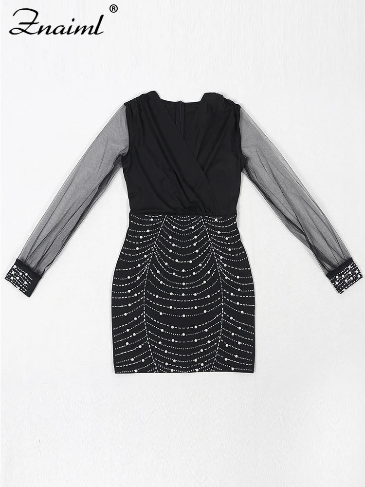 Sexy Sheer Mesh Patchwork Rhinestone Bodycon Black Mini Dress Women's Long Sleeve Skinny Birthday Evening Party Dresses