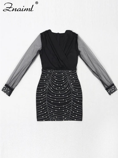 Sexy Sheer Mesh Patchwork Rhinestone Bodycon Black Mini Dress Women's Long Sleeve Skinny Birthday Evening Party Dresses
