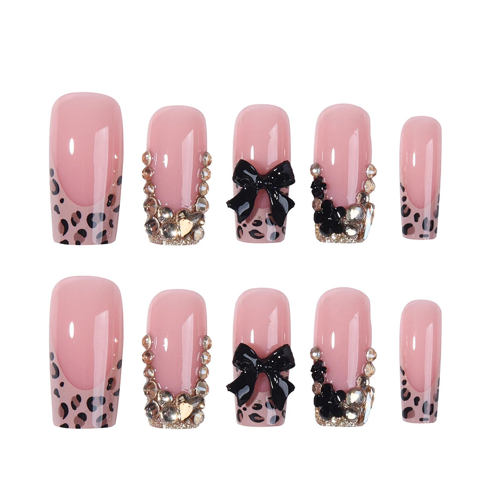 24pcs long square nail, flash diamond jewelry, black ribbon decoration, leopard print fake nail black flower press On nail