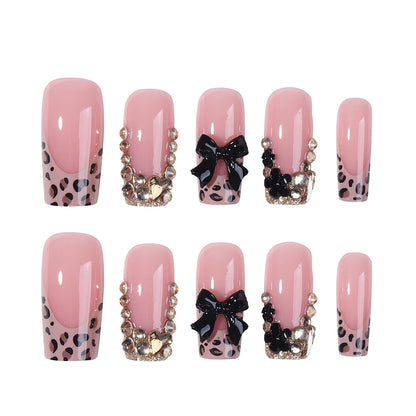 24pcs long square nail, flash diamond jewelry, black ribbon decoration, leopard print fake nail black flower press On nail