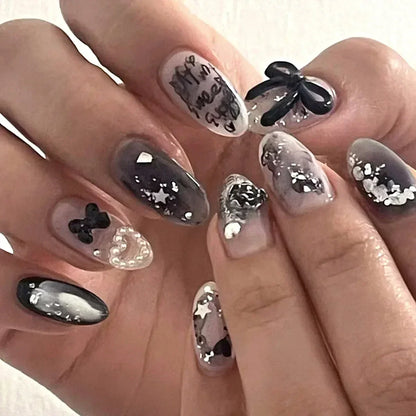 24Pcs Pink Almond French Press on Nails With 3D Bow ripple charms Design Fake Nails Ballerina False Nails Full Cover Nail Tips