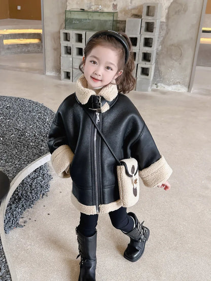 New Winter Boys and Girls' Cool Handsome Standing Neck Motorcycle Jacket with Thickened PU Leather Lamb Fleece Coat for Children