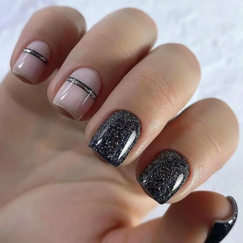 24pcs Short Square False Nails Glitter Flower Wave French Fake Nails Manicure Full Cover Detachable Nail Tips Press on Nails