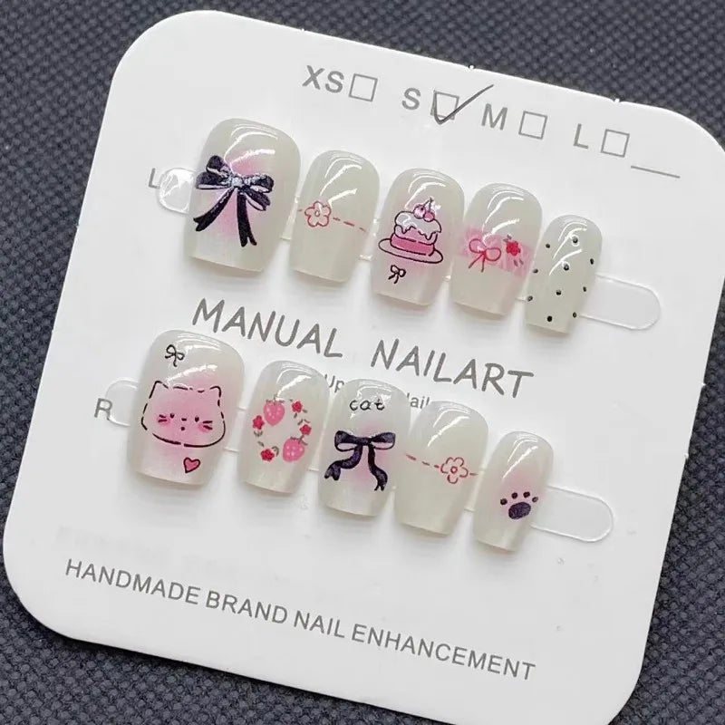 10Pcs Korean Press on Nails Strawberry Cake Summer