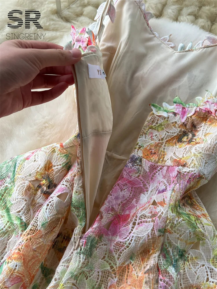 SINGREINY Floral Print Strap Dress Women French Style Hollow Out Zipper Design Ladies Summer Mesh Elegant Vacation Maxi Dress