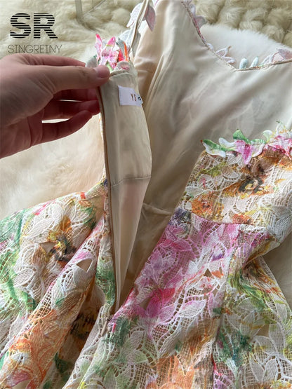 SINGREINY Floral Print Strap Dress Women French Style Hollow Out Zipper Design Ladies Summer Mesh Elegant Vacation Maxi Dress