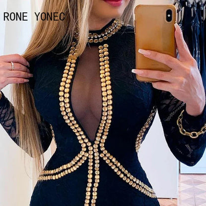 Sexy Patchwork Rhinestone Long Lace Sleeves Mesh Bodycon Mini Dress