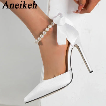 Aneikeh Fashion White String Bead Pointed Bead Strap Sandals Ankle Strap