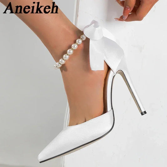 Aneikeh Fashion White String Bead Pointed Bead Strap Sandals Ankle Strap