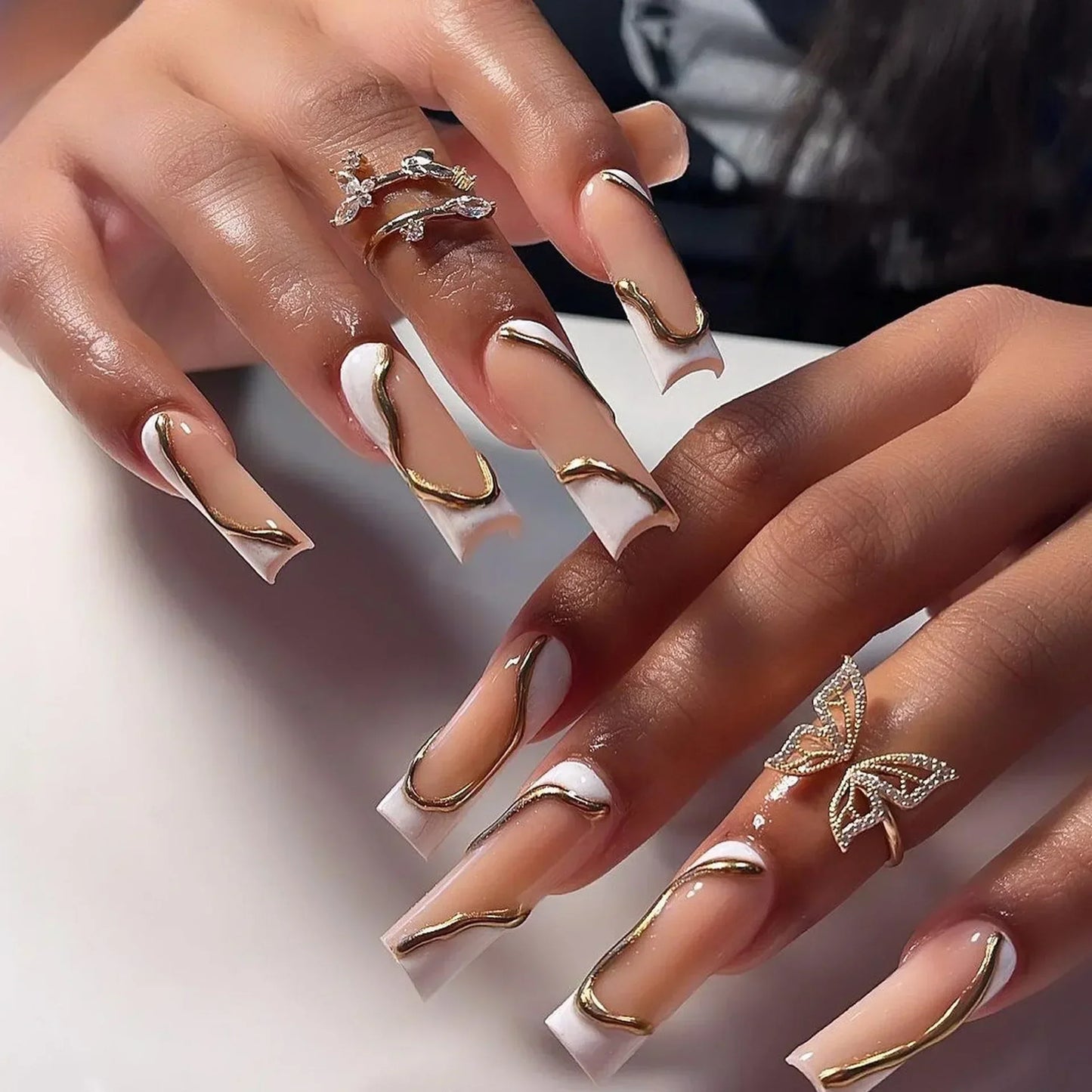 24Pcs Long Ballet Square False Nails Simple French 3d Curve Design Fake Nails Wearable Press on Fake Nails Full Cover Nails Tips
