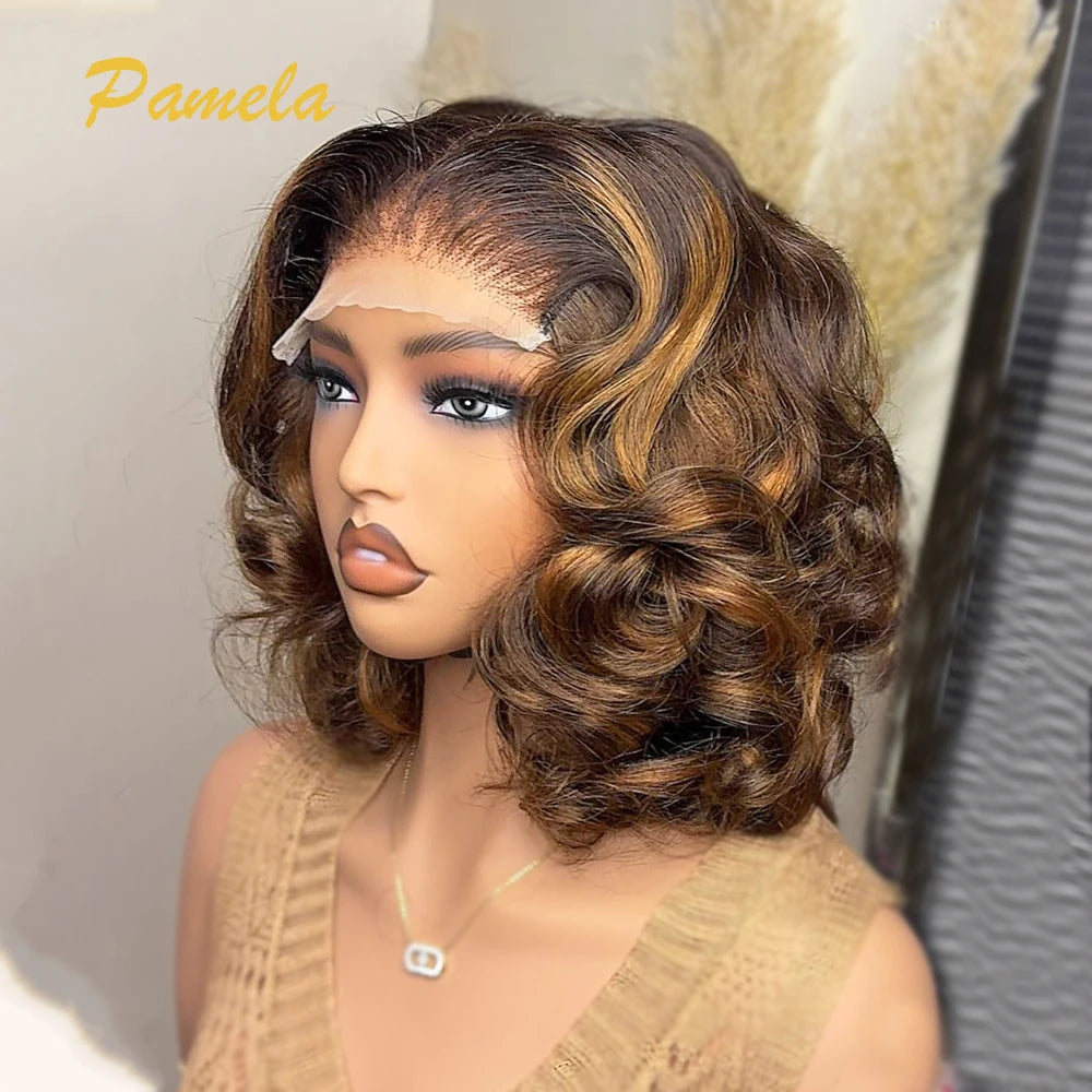 Ombre Blonde Short Bob 4x4 Glueless Human Hair Wigs 13x4 Transparent Lace Frontal Wigs Brown Loose Deep Wave Bob For Women