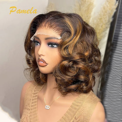 Ombre Blonde Short Bob 4x4 Glueless Human Hair Wigs 13x4 Transparent Lace Frontal Wigs Brown Loose Deep Wave Bob For Women