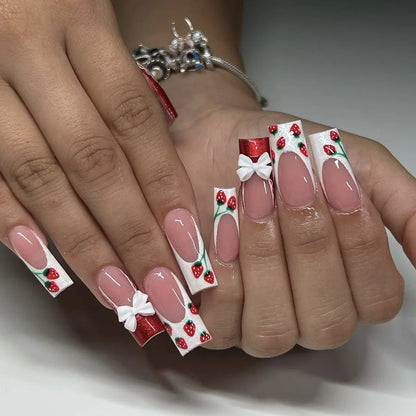 24Pcs Long Ballet False Nails Pink Butterfly with Rhinestones French Design Wearable Fake Nails Glitter Press on Nails Tips Art