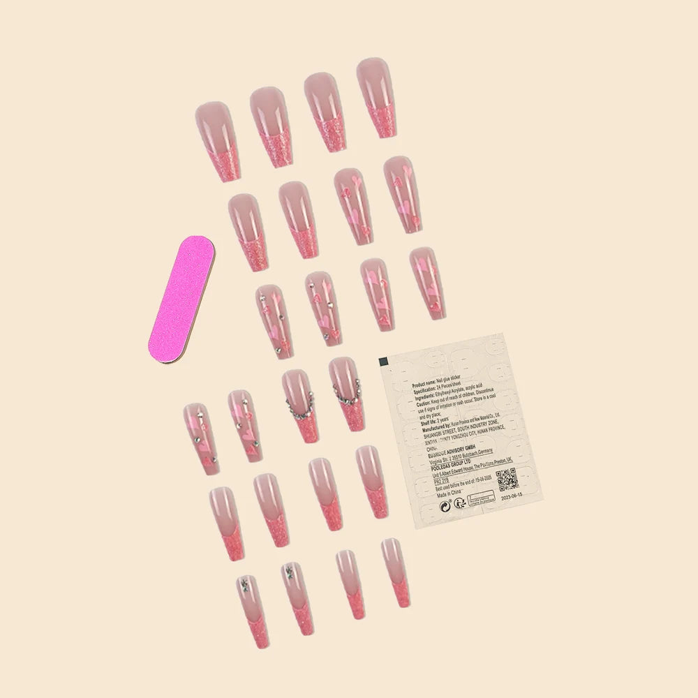 24Pcs/Long Ballet French Heart Glitter Stone Decoration Nail Press on Nail