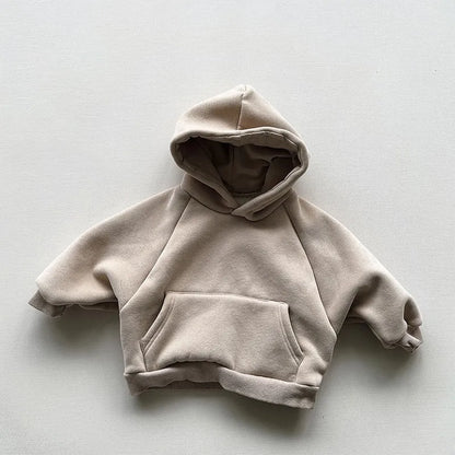 Winter Fleece Solid Hoodies Baby Boys Casual Loose Pocket All-match Hooded Top Girls Simple Thick Pullover Cotton Clothes