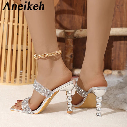 Aneikeh Sexy Silver Sequin rhinestone PVC Slippers For Women Square Toe Strange High Heels Sandals Summer Fashion Party Shoes