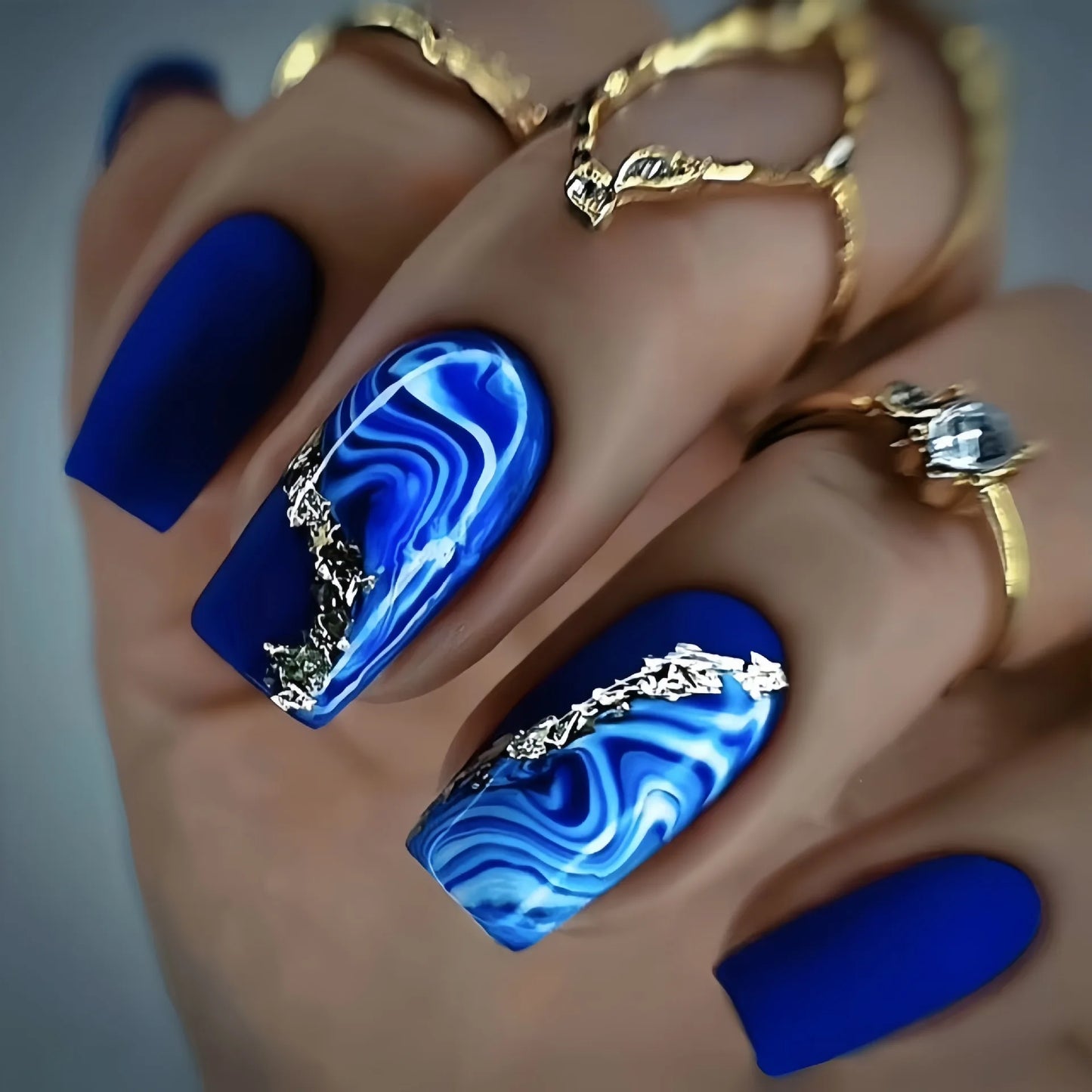 24pcs/set short square Glossy Medium Ballerina Fake Nails jellyfish blue sea wave flowers geometric design press on false nail