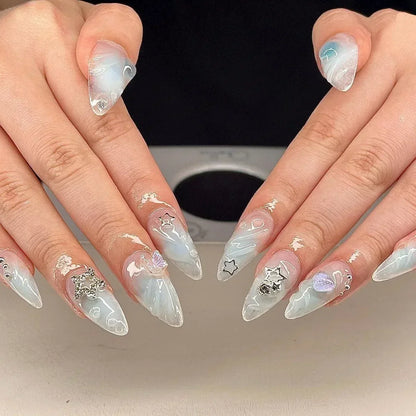 24Pcs Pink Almond French Press on Nails With 3D Bow ripple charms Design Fake Nails Ballerina False Nails Full Cover Nail Tips