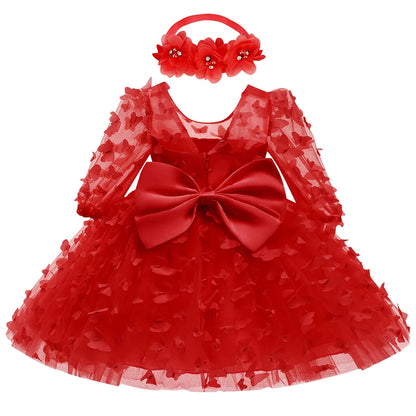 0-24M Baby girl dress full moon baptism dress mesh fluffy princess dress three-dimensional flower bow