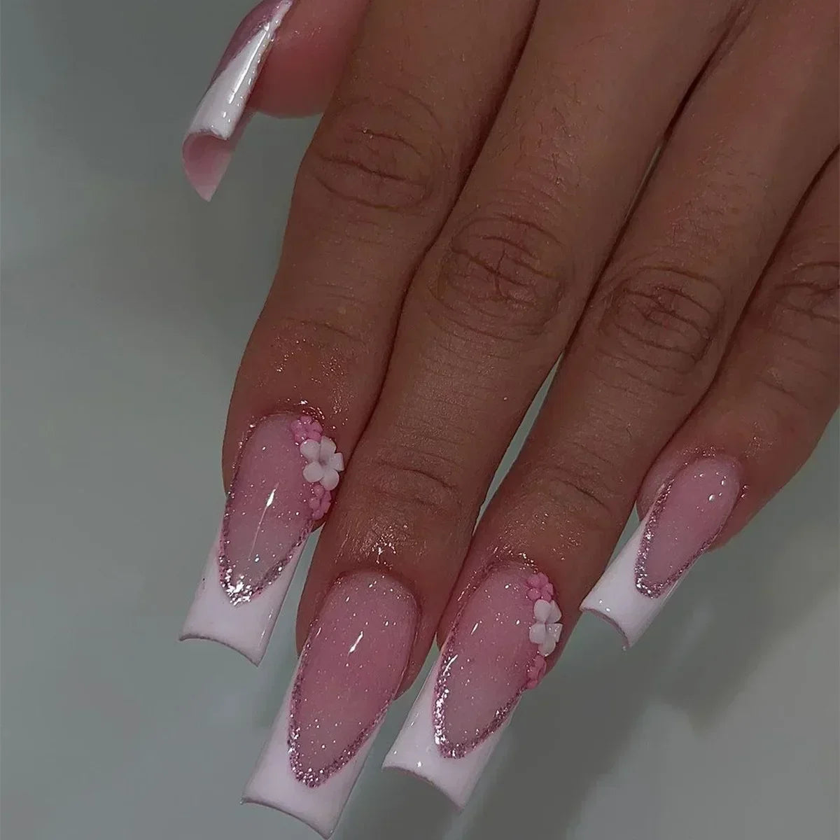 24Pcs Long Ballet French False Nails Pink Butterfly Flower with Rhinestones Wearable Fake Nails Gradient Press on Nail Tips Art