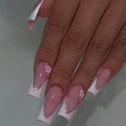 24Pcs Long Ballet French False Nails Pink Butterfly Flower with Rhinestones Wearable Fake Nails Gradient Press on Nail Tips Art