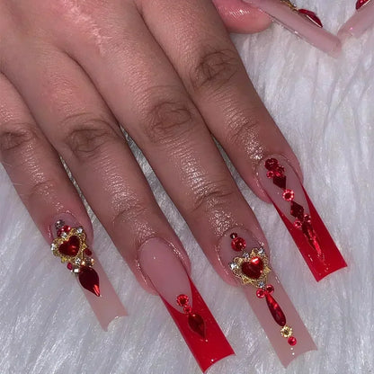 24Pcs Red Heart False Nails Long Luxury with French Design Rhinestone Wearable Fake Nail Simple Decoration Press on Nail Tips
