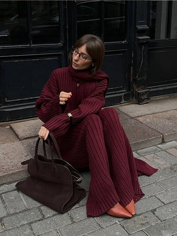 Elegant Burgundy Color Women's Loose Wide Leg Pants Set Chic Scarf Collar V-neck Knitted Sweater Suits Lady Street Knitwear