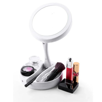 10x Magnifying Makeup Mirror With Light White LED Folding Portable Rotating Double Side Storage Tabletop Batteries USB Charging