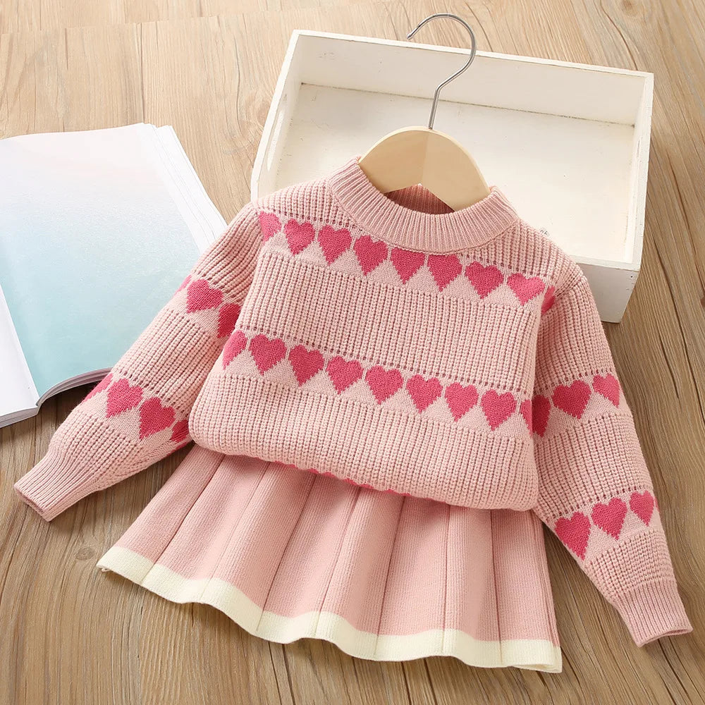 Girls' Sweater Suit Winter New Baby Girls' Knitted Set Long-sleeved Love Knitting Sweater+Skirt Two-piece Suit