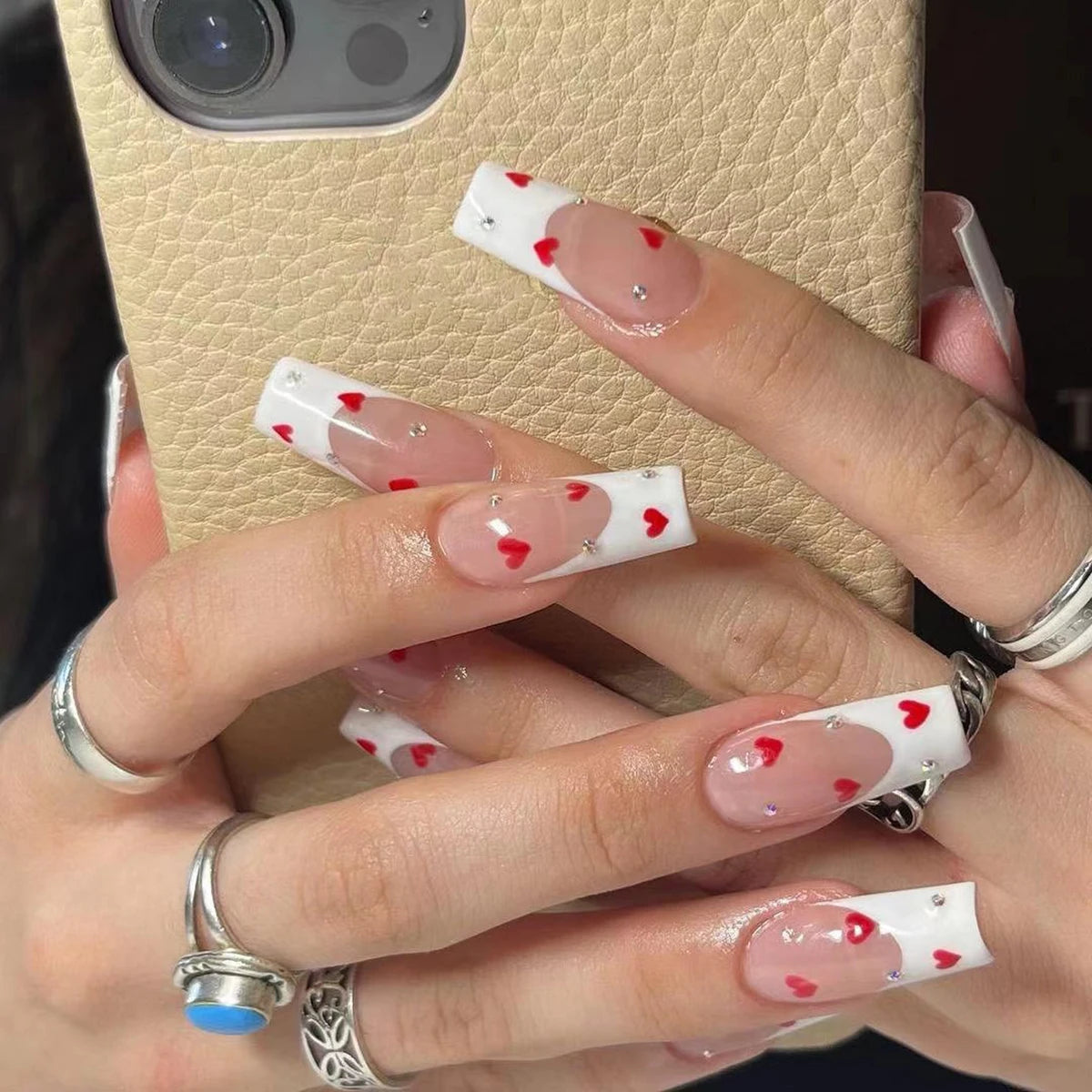 Luxury Ladies 24Pcs/Set Super Long Square French Leopard Print Pink Bow Heart Decoration Wearable Fake Nail  Press on Nail Art
