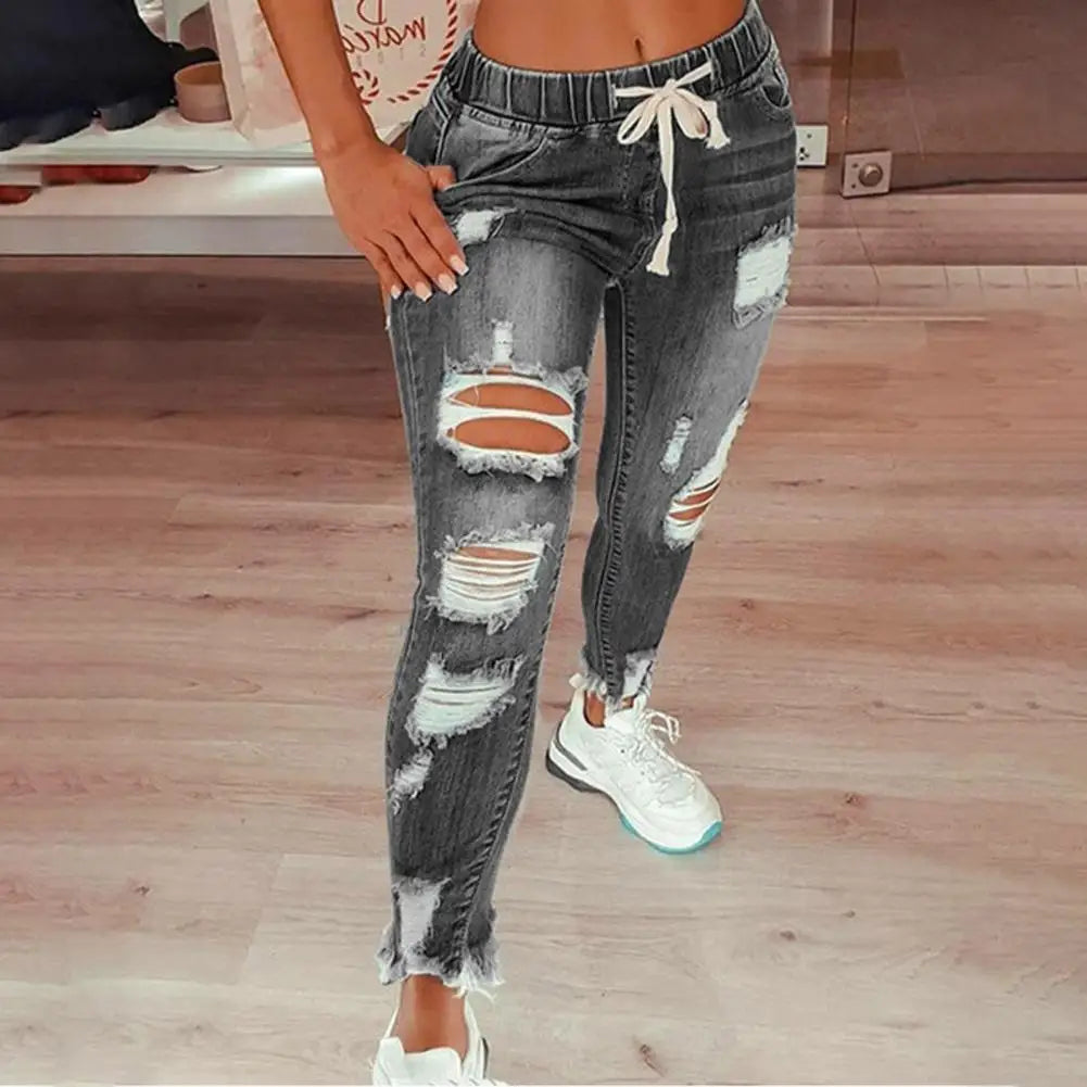 Stretchy Ripped Hole Jeans Women  Straight Denim Trousers High Waist