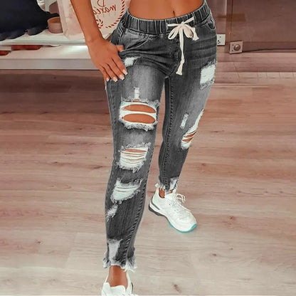 Stretchy Ripped Hole Jeans Women  Straight Denim Trousers High Waist