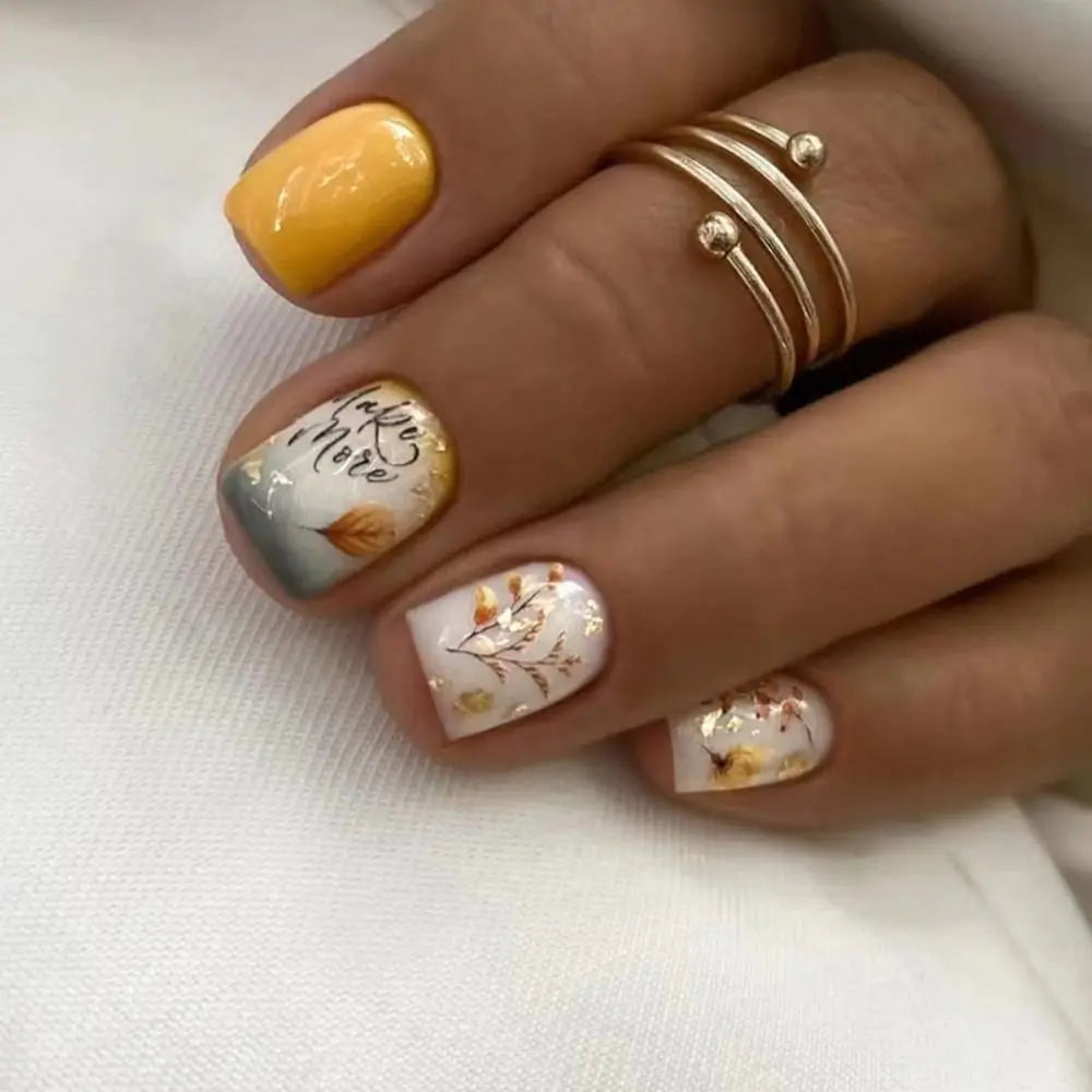 24pcs Short Square False Nails Glitter Flower Wave French Fake Nails Manicure Full Cover Detachable Nail Tips Press on Nails